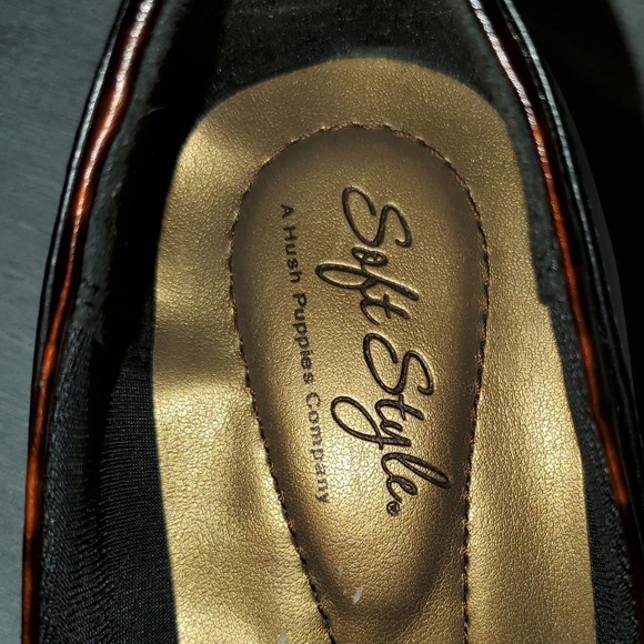 516-Hush Puppies Soft Style 1.5" heel patent animal print heel/trim/bow Sz 7.5w - Picture 2 of 11